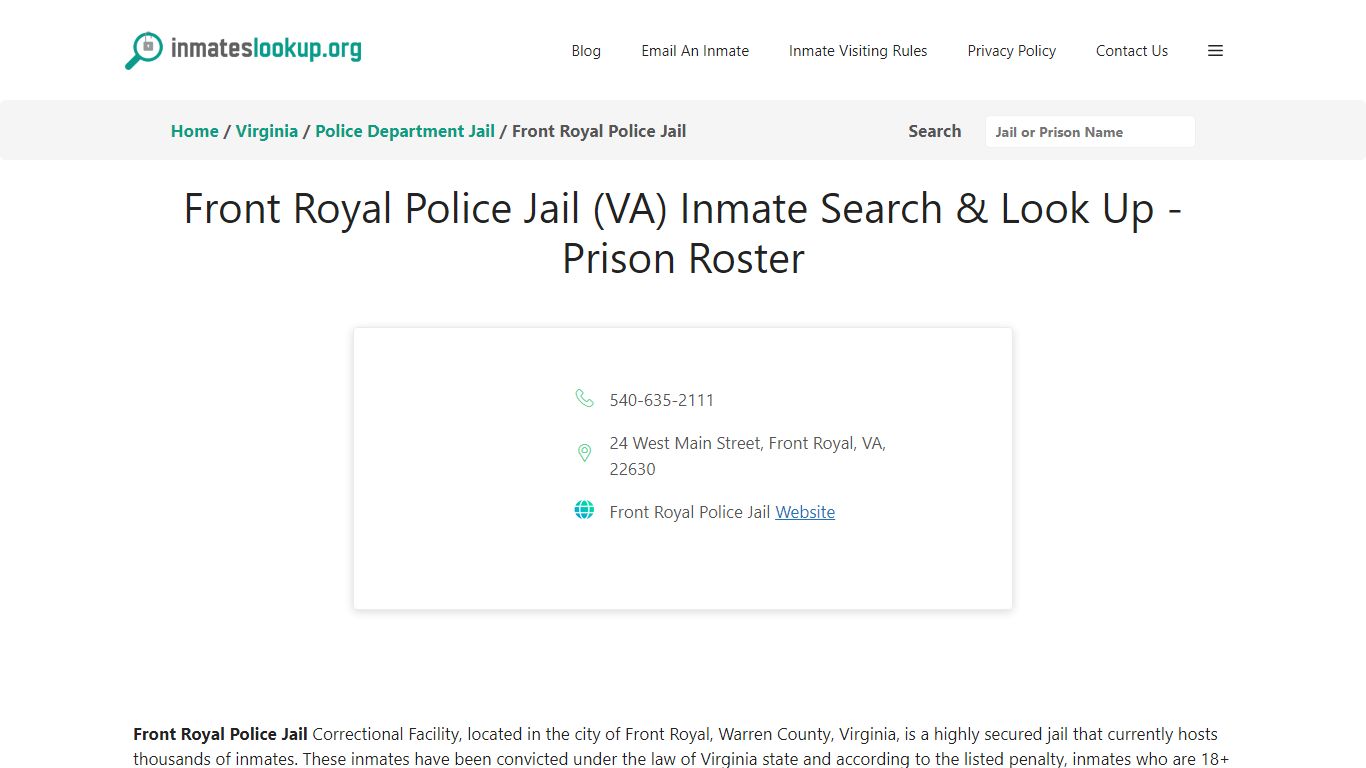 Front Royal Police Jail (VA) Inmate Search & Look Up - Prison Roster